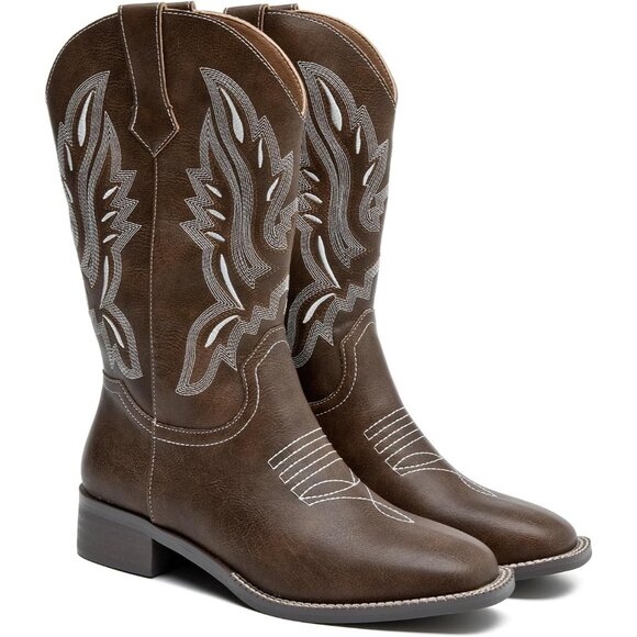 kkdom Women Dark Brown Cowboy Square Toe Western Cowgirl Mid Calf Boot - Picture 4 of 8